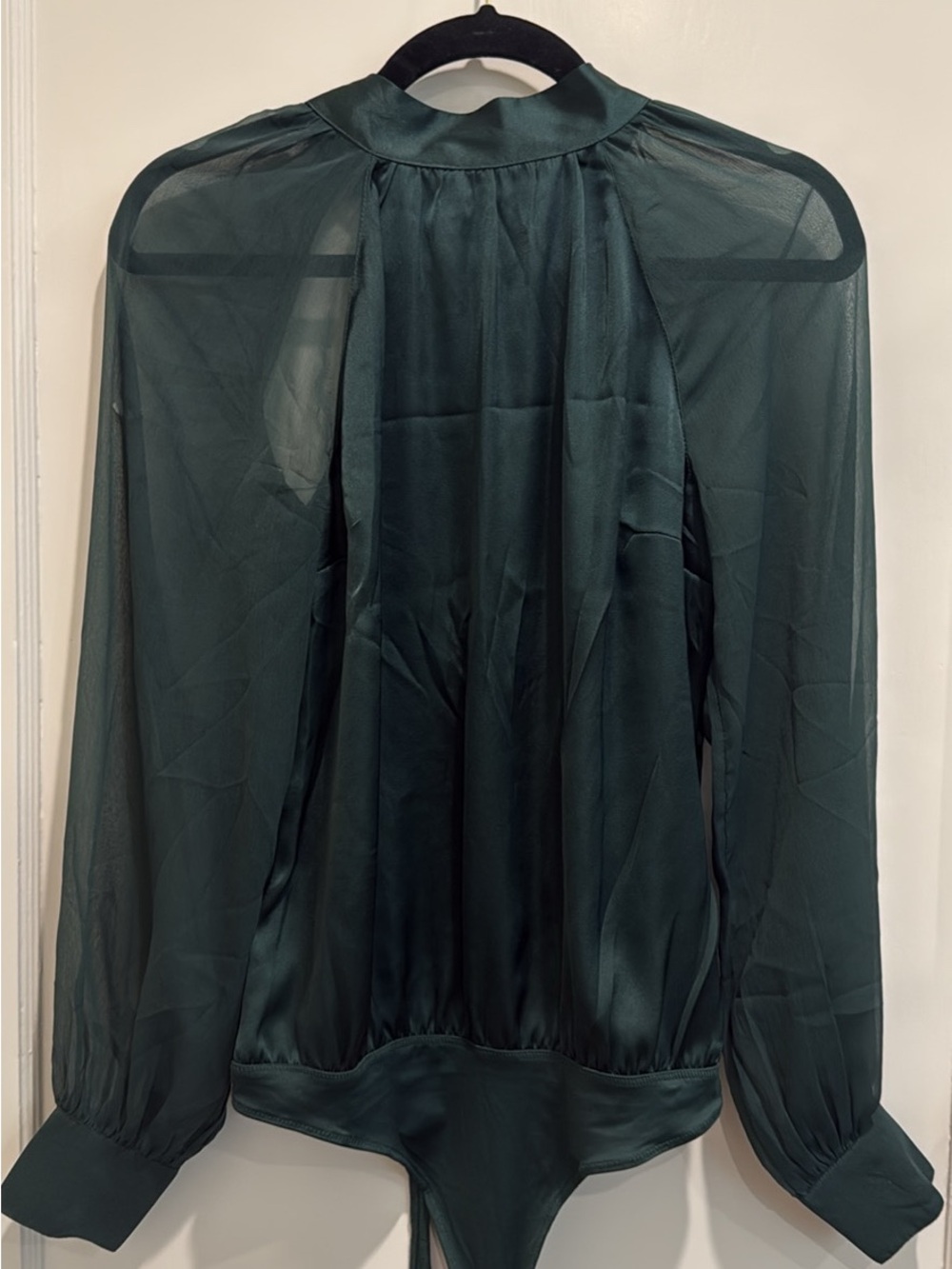 Emerald Green Satin Sheer Bodysuit Blouse Romantic Date Night Top NWT
